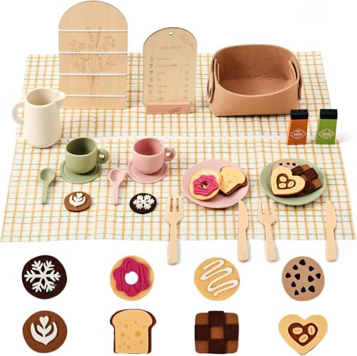 OESSUF Juego de té para niños, vajilla para muñecas de madera, silicona, accesorios de juego, vajilla de té, plato de té, cuchillo y tenedor, soporte para flores, juguete de cocina