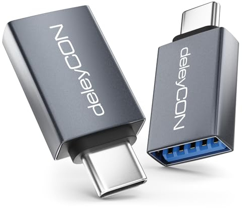 deleyCON Adaptateur OTG USB-C vers USB-A 10 Gbps (Lot de 2) - Fiche USB-C vers Prise USB-A - pour iPhone 17/16/15 Air Pro Max, Galaxy S25/S24/S23, A56, A16, Tablette, MacBook, iMac, iPad, etc.