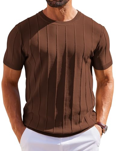 COOFANDY T Shirt Homme T-Shirt Tricoté à Manches Courtes Pull D'été à Rayures Tee Shirt Décontracté Shirt col Rond Marron M