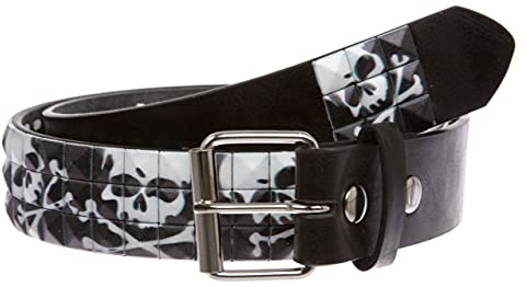 Snap On 1 1/2 Skull & Cross Bone Printed Punk Rock Studded Belt, Black | S - 32