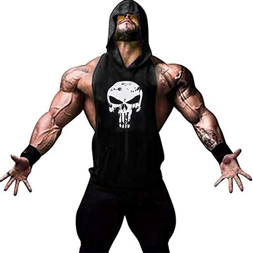 YeeHoo Débardeur Musculation Homme à Capuche Imprimé Sport Fitness Gym T-Shirt Gilet sans Manche,Noir,M