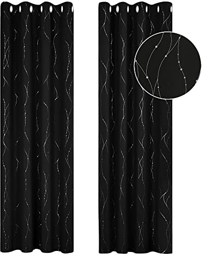 Deconovo Dot Line Foil Printed Blackout Curtains Thermal Insulated Super Soft Energy Saving Eyelet Curtains for Living Room 52 x 84 Inch Black 1 Pair