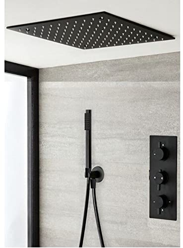 Milano Nero Thermostatic Mixer Valve 400mm Ceiling Mounted Recessed Shower Head Handset - Black