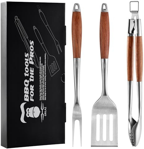 GRILAZ Heavy-Duty Rose Wooden BBQ Grilling Tools Set. Extra Thick Stainless Steel Multi-Function Spatula, Fork & Tongs | Essential Accessories for Barbecue & Grill. Ideal Gift for Father…