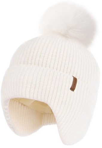 Camptrace Toddler Baby Winter Hat Warm Fleece Lined Knit Kids Hat with Earflap Infant Newborn Pom Beanie Knit Cap Girls Boys