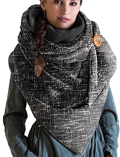 heekpek Écharpe Triangle Echarpe Femme Hiver Chaud Élégant Foulard Imprimé Douce Chic Châle en Laine Retro Mode Avec Bouton, Noir 2, Taille unique