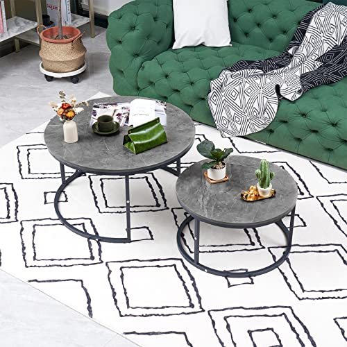 hitsuki Couchtisch Rund 2er Set, Marmor Couchtisch Grau Metallgestell Wohnzimmertisch Grau, Beistelltisch Metall,Satztische fürs Wohnzimmer, Schlafzimmer, Balkon (Schwarz & Schwarz)