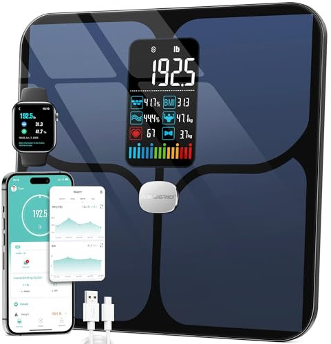 ABLEGRID Body Fat Scale,Digital Smart Bathroom Scale for Body Weight,Large Color Display Screen,16 Body Composition Metrics BMI,Water Weigh,Heart Rate,Baby Mode,400lb,Rechargeable