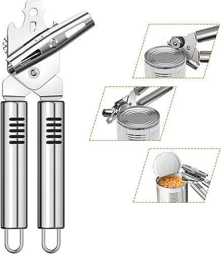 mciskin Abrelatas de cocina de acero inoxidable resistente, abridor de latas manual, borde liso, duradero, apto para alimentos, herramienta de corte 3 en 1, abridor de botellas de cerveza de lata