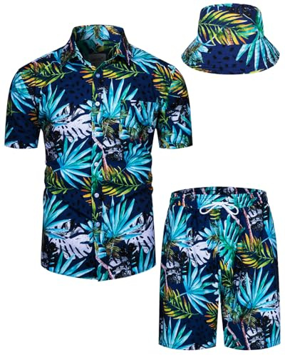 TUNEVUSE Conjunto de camisas y pantalones cortos hawaianos para hombre, 2 piezas, trajes de playa con estampado de flores, traje tropical de verano con sombreros de pescador, 14 azul, 5X-Large