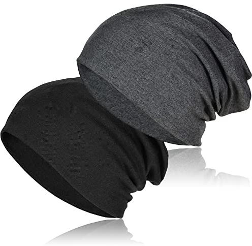 TSKNOMO 2 Stück weiche Baumwoll-Slouchy-Mütze, Dehnbare Beanie-Hüte Baggy Skull Cap Chemo-Hüte für Männer und Frauen