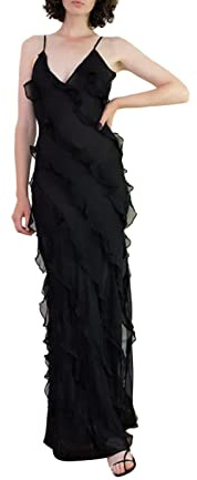 FeMereina Y2k Robe longue moulante sans manches avec bretelles spaghetti et volants et col en V profond, Noir , S