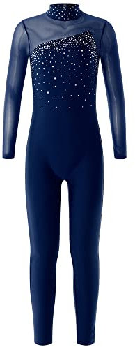 Hedmy Kinder Mädchen Turnanzug Eiskunstlauf Gymnastikanzug Langarm Pailletten Jumpsuit Overall Einteiler Trikot Gymnastik Leotard Navy Blau 122-128