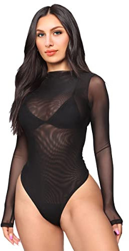 Morices Women Long Sleeves Bodysuit Stretch Sheer Mesh See Through Black Jumpsuit Top Leotard Clubwear-XL