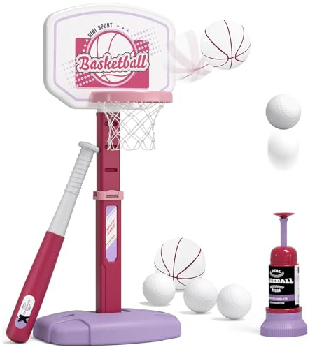 HYES 2 in 1 Kids Basketball Hoop and T Ball Set - Adjustable Height, Kids Baseball Tee with Automatic Pitching Machine, Indoor Outdoor Sport Toys Gifts for Toddler Boys Girls Age 1-5, Pink