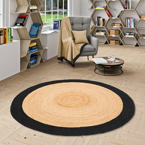 Pergamon Natur Teppich Handgefertigt Jute Rund Wohnzimmer Boho mit Bordüre oder Ethno Style