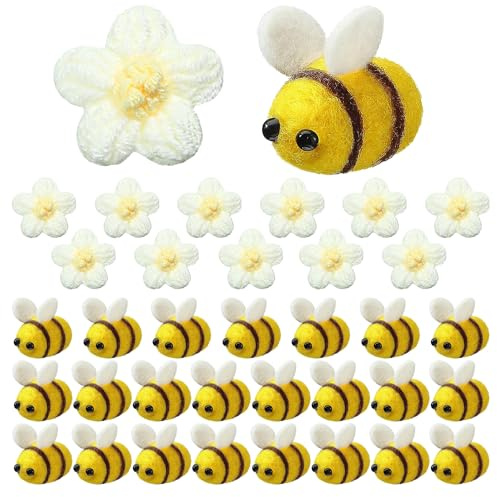 Dbuwqips 36 piezas de abejas decorativas abejas de peluche de abeja decorativa de peluche flor blanca de ganchillo abeja artesanal para la decoración de ropa de la tienda de artesanía DIY