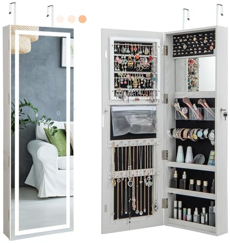 RELAX4LIFE Armoire à Bijoux Murale/Suspendue 120 cm, Miroir Bijoux Mural avec Éclairage LED 3 Couleurs, Porte Verrouillable, 3 Étagères, Miroir de Porte avec Rangement Bijoux, Blanc