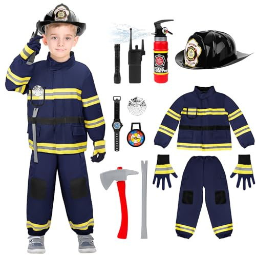 deAO Brandman kostym, brandman outfit för 3, 4, 5, 6, 7, 8 år, pojkar, flickor, brandman, outfit för 90 cm ~ 110 cm, brandman set för barn med utklädningsset med handskar, hjälm, slang och