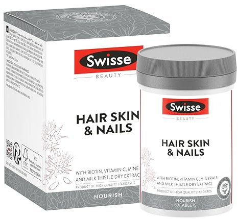 SWISSE Cabello Piel Uñas - Suplemento con Biotina para el Cabello Piel y Uñas con Vitamina C y Zinc Comprimidos 60 Complemento con Vitaminas para el Cabello, Formación Colágeno y Uñas Sanas