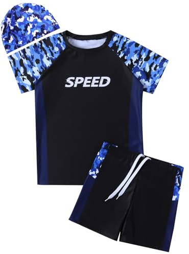 Hotfiary Boys Swimming Costume, Big Kids Swim Trunks & Short Sleeve Rash Guard Shirt & Swim Cap, Two Piece Swimsuit T-Shirt Short Set, Summer Bathing Suit Swimwear for 6 7 8 9 10 11 12 13 14 15 Years