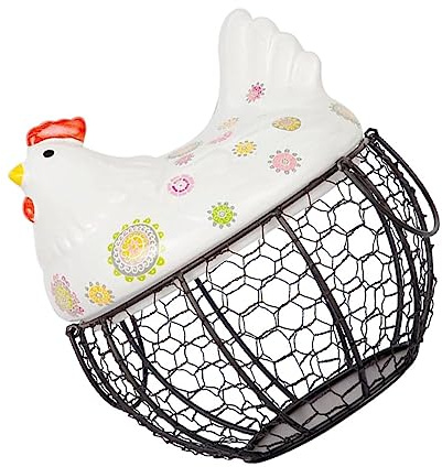 Holibanna Cestino in Ferro Con Coperchio in Ceramica Cesto Di Frutta Cesto Portaoggetti Vassoio Per Uova A Forma Di Gallina Multifunzione Per Conservare Uova Frutta E Altri Alimenti