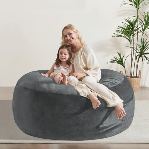 WSOFRLAC 5FT Bean Bag Chair, Giant Adult Bean Bag Chairs, Large Stuffed Beanbag Chair with Foam Filling, Big Sofa Chairs with Cover Pocket Handle, Perfect for Adults Kids Living Room, Dark Grey