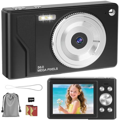 HERBYD Digitalkamera 56MP 1080P FHD Fotokamera mit Autofokus 16X Digitalzoom Fotoapparat Tragbare Kompaktkamera, 2,8 LCD Bildschirm, 32GB SD- Karte & 2 Batterien für Teenager,Anfänger (Schwarz)