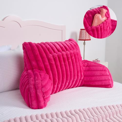 OHS Reading Pillow Faux Fur Ribbed, Heatable Pocket Cuddle Cushion Super Soft Cosy Back Support Pillows for Sitting Up in Bed Gaming Bed Cushion with Arms, Hot Pink
