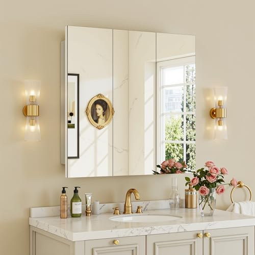 Antok 24x24 Inch Medicine Cabinet with Mirror, Wall Mounted Bathroom Mirror Cabinet, Wooden Medicine Cabinet Mirror, Recessed or Surface, White