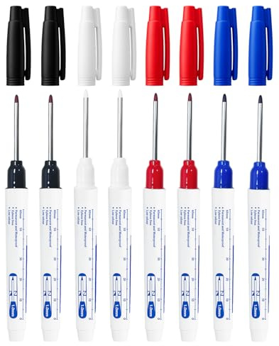 Sariputa 8 pcs marqueur trou profond 30 mm, marqueurs à pointe fine, marqueurs à tête longue, résistants à l'eau, pour bois plastique mur métal carton construction stylo, noir, bleu, rouge, blanc