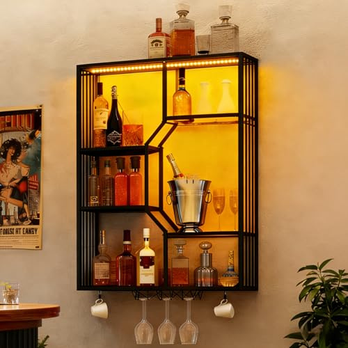 YOURLITE Étagère à Vin Mural Bar avec LED,Porte-Bouteilles Mural Industriel | Porte-Verre,Installation Double Face,Rangement Vin,80x20x106cm,3 Niveaux,pour Bar,Cuisine,Salon,Salle à Manger,Noir