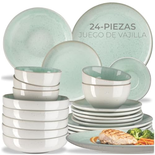 tectake® Vajilla Completa para 6 Personas, Diseño Marítimo, Aptas para Lavavajillas y Microondas, Platos Vajilla, Cuencos y Tazas de Cafe, Vajillas Completas Modernas - 24 Piezas Menta