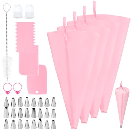 Set di sac à poche e beccucci, 36 pezzi, kit per glassa, 4 sac à poche riutilizzabili in silicone, 24 ugelli in acciaio inox, raschietti per torte, accoppiatori, fascette e spazzola per la pulizia per