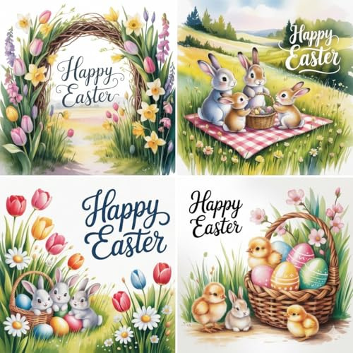 Paquete de 8 tarjetas de felicitación de Pascua con lindos pollitos de conejo y diseños florales, tarjetas de Pascua para familiares y amigos, regalo de primavera, 150 x 150 mm