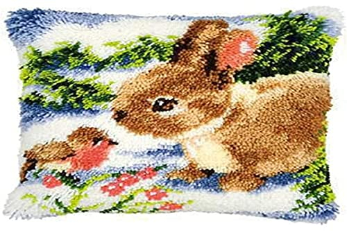 VERVACO Knüpfkissen Set Deko Kissenbezug Knüpfset für Anfänger Kaninchen & Vogel Basteln Erwachsene Kreativ DIY Handarbeit Kissen zum Selber Knüpfe ca. 40 x 40 cm Latch Hook Kit Knüpfhaken Set Kissen
