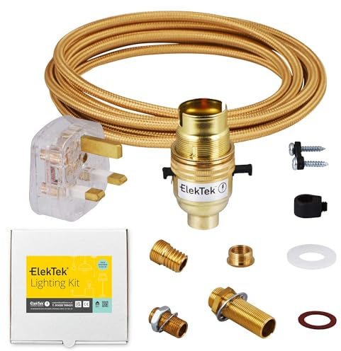 ElekTek Premium UK B22 Lamp Refurbishment Fixing Kit, Solid Brass Safety Switched Bayonet Lampholder, Extensive Fittings Pack, 13A Plug (3A Fuse), Gold Round Braided Fabric 3-Core Lighting Flex Cable