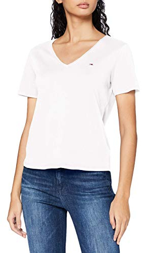 Tommy Jeans Tjw - Camiseta Ajustada de Punto con Cuello en V para Mujer, Blanco, M
