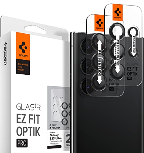 Spigen 2 Pack Glas.tR Optik Pro EZ Fit Tempered Glass Camera Lens Protector for Samsung Galaxy S23 Ultra (Black)