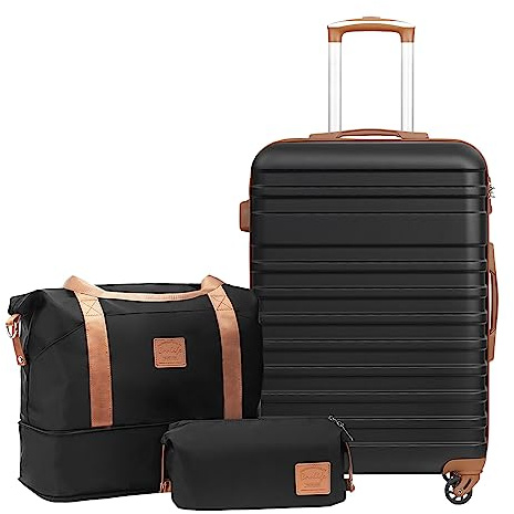 COOLIFE Suitcase Set 3 PCS - 24 Hard Shell Lightweight ABS Luggage + Travel Bag & Toiletry Bag, Medium Suitcase with TSA Lock, 360° Wheels for Travel, Airline & Cruise, Business Trip Black/Brown
