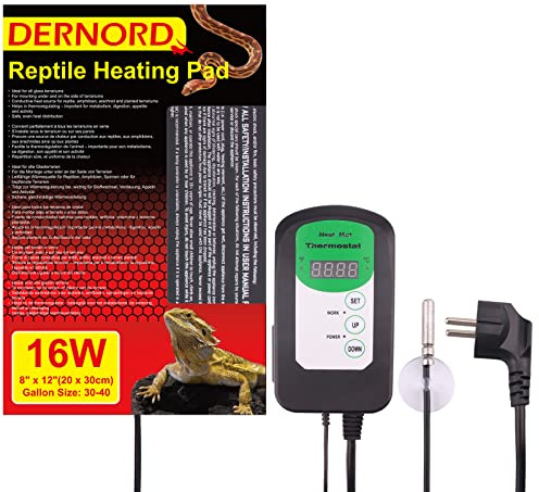 DERNORD Tappetino riscaldante con termostato 16 W – rettili terrario con regolatore di temperatura Vivarium Heating Mat per Bearded Dragon tartarughe Geco accessori