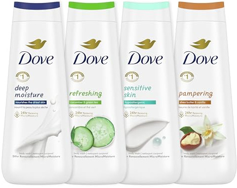 Dove Body Wash Deep Moisture, Sensitive Skin, Cucumber and Green Tea, and Shea Butter & Vanilla Collection 4 Count Skin Cleanser with 24hr Renewing MicroMoisture 20 oz