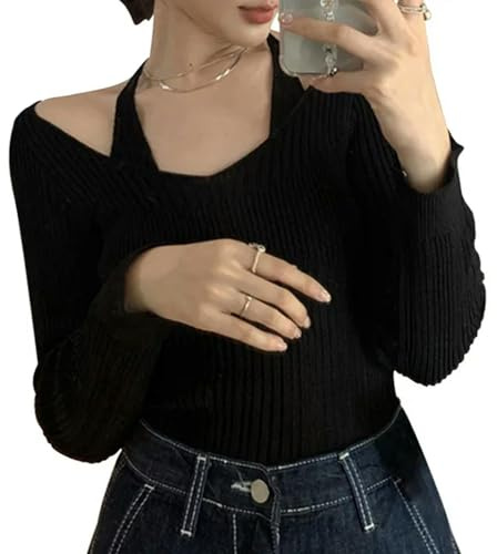 WEITING Top Maglioni Lavorati a Maglia da Donna Abiti Primaverili Autunnali con Spalle Scoperte Pullover a Maniche Lunghe Tinta Unita Streetwear-a-Taglia Unica