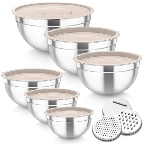 TEAMFAR blandningsskål set om 6, rostfri stålskål med lock, khaki