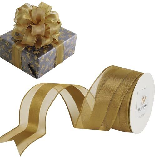 HUIHUANG Copper Sheer Wired Ribbon with Satin Stripe 1-1/2 Copper Christmas Ribbon for Trees, Bows Making, Wreaths, Garland, Gift Wrapping, Wedding Decor, Thanksgiving Decor-Continous 10 Yards