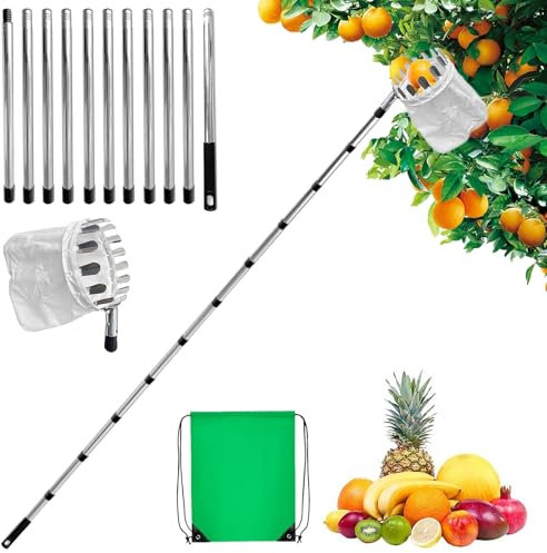 HUIKUANGEU Mango Telescópico Ligero de Acero Inoxidable,Recogedor de Frutas con Varillas de Extensión 4.2m,Recoge Frutas de árboles,Frutas Herramientas Recolectoras para Manzanas,Naranjas.