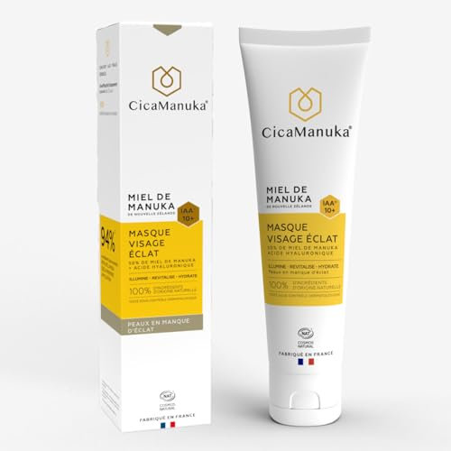 CICAMANUKA – Masque visage éclat 50% de miel de Manuka IAA10+ et acide hyaluronique – Illumine, Revitalise, Hydrate – Soin pour les peaux en manque d’éclat – Convient aux peaux sensibles - Tube 100ml