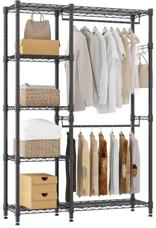 Kleiderständer Stabil Offener Kleiderschrank mit 5 Ablagen Schwerlast Kleiderstange mit 2 Kleiderstangen Höhenverstellbar Garderobenständer mit Haken Schlafzimmer Flur Wohnzimmer 114*44*195cm Schwarz