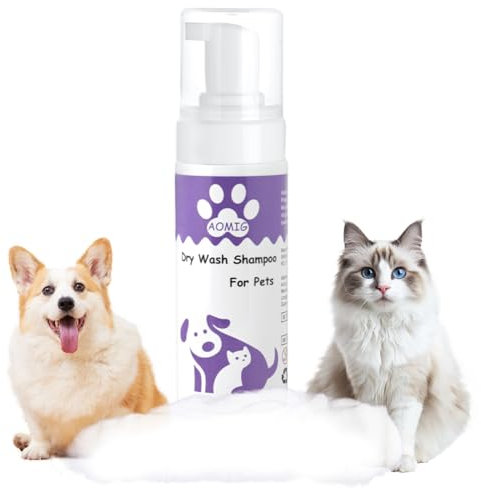 Aomig Wasserloses Trockenshampoo für Hunde Katzen Kleintiere Schnelle Sanfte Reinigung mit Pflegenden Pflanzenextrakten Ohne Alkohol Schaumformel Rückstandsfrei für Reisen empfindliche Haut (150ml)