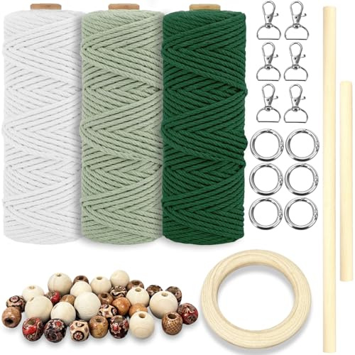 Hilo de macramé, 3 mm x 60 m, para principiantes, con instrucciones, hilo de algodón para macramé, bricolaje, decoración bohemia, artesanía, cordón de algodón natural, llavero